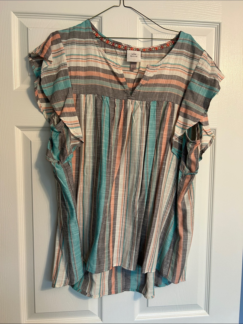 Knox Rose Teal, Coral and Gray Striped Ruffle Sleeve Blouse